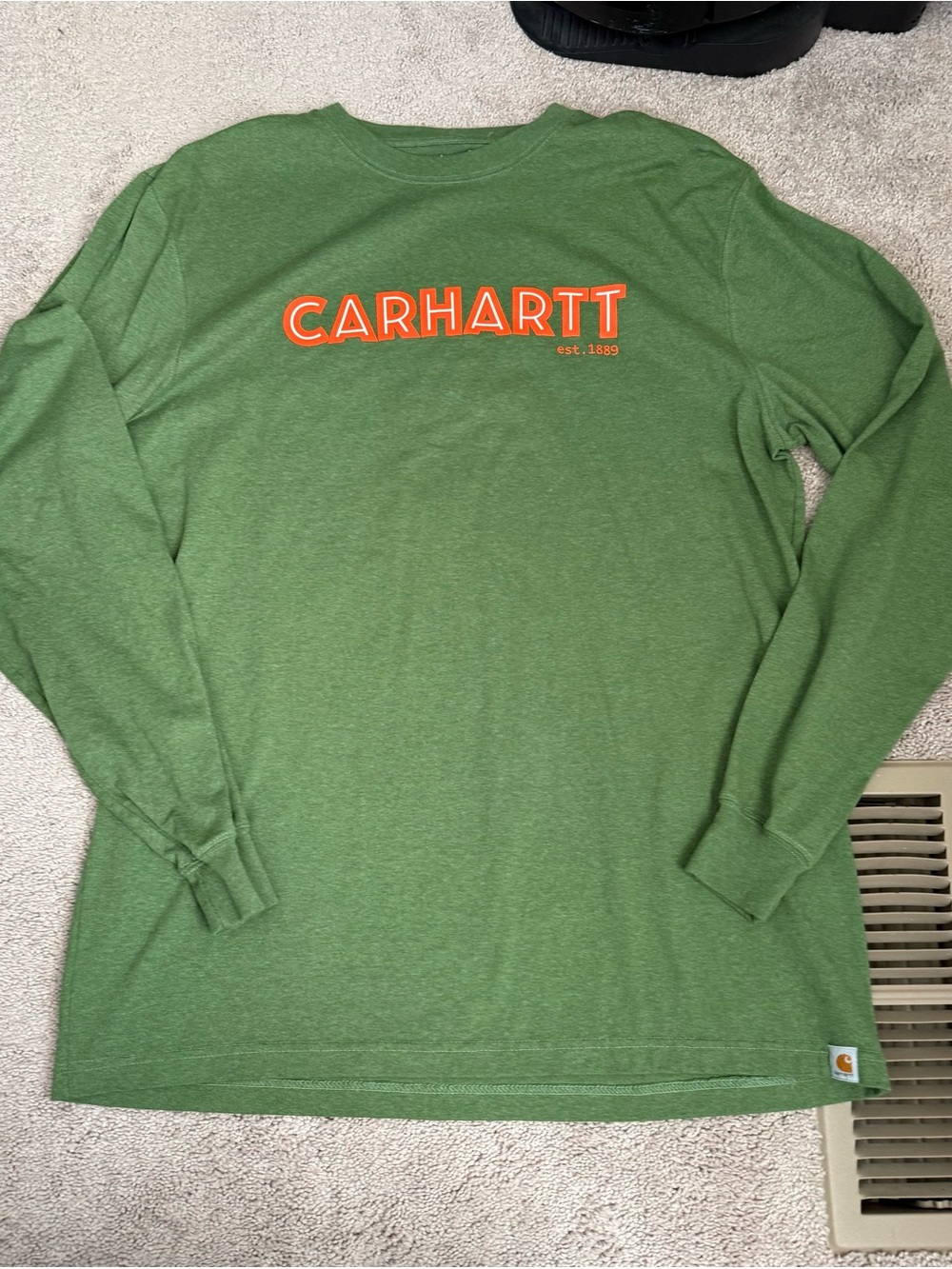 Men’s Large Tall Carhartt Green Long-Sleeve Tee with Orange Logo